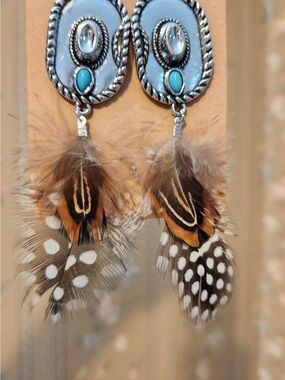Boho Feather Drop Earrings with Turquoise Accent - Brown & Silver